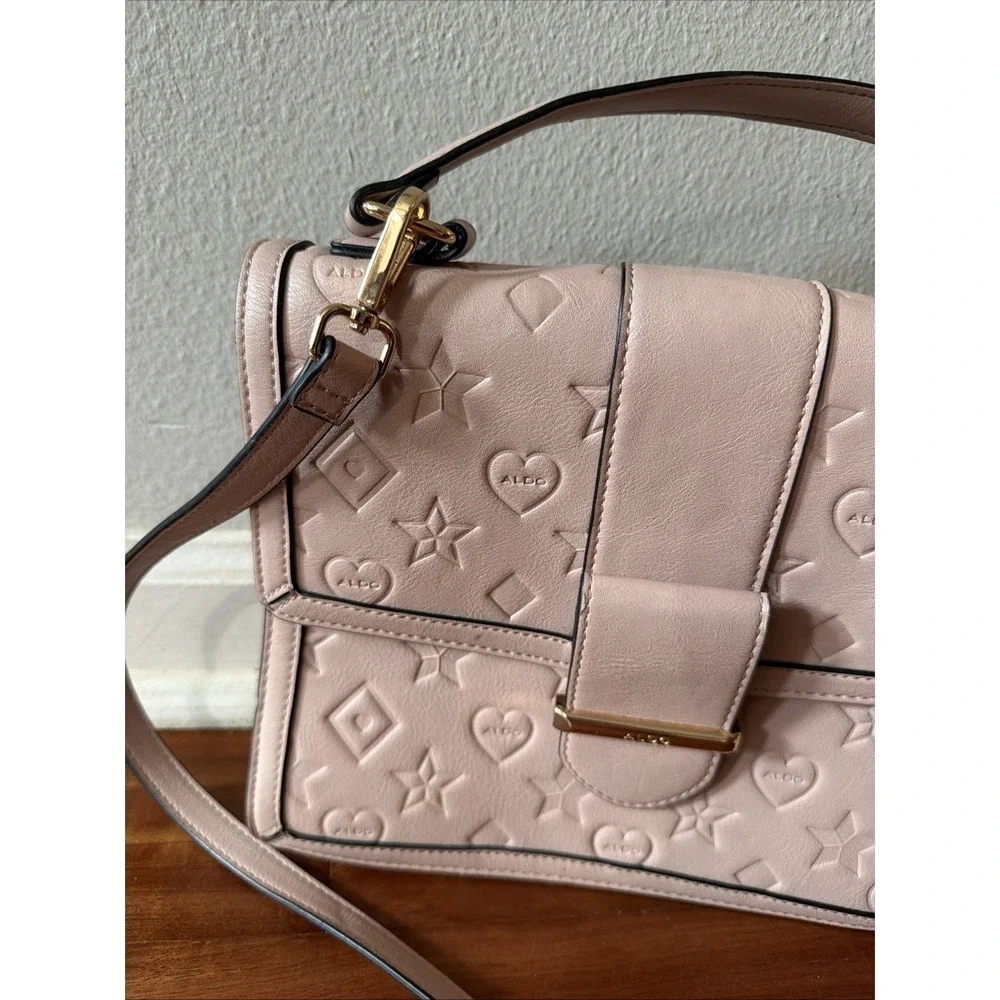 Aldo Blush Gold Satchel Handbag Logo Shape Printed Crossbody